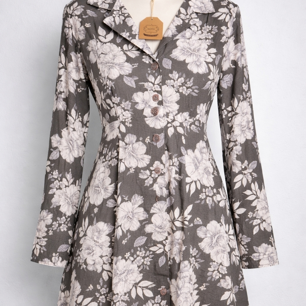 Kori Floral Long Sleeve Dress in Gray and Cream